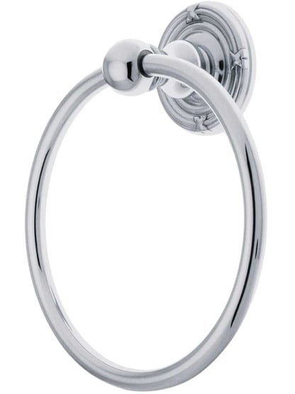 Brass Towel Ring with Ribbon and Reed Rosette in Polished Chrome.